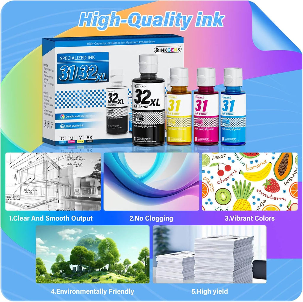 31 32XL Ink Bottle Set Refill for HP Smart Tank 7600 7602 7300 7301 7001, 5000 5101 5102, 6000 6001 651 551 Printer. Black CMY