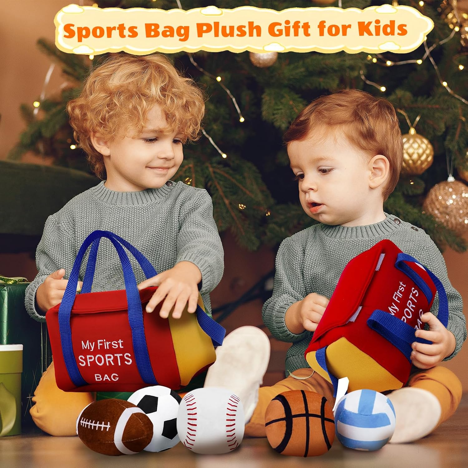 My First Sports Bag Plush, Baby Sports Toys Plushie with 5 Pcs Ball Plushy for Toddlers, First Birthday Gifts for Boys Girls